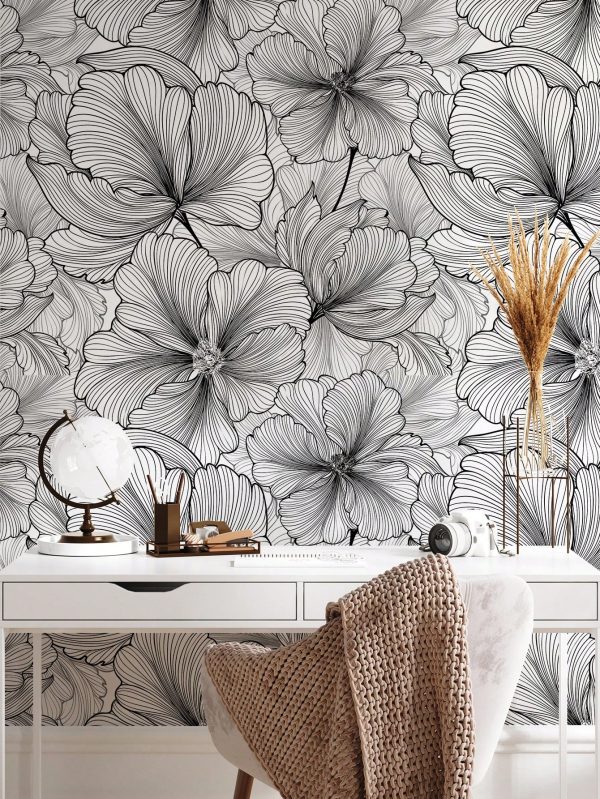 3pcs/set Black And White Abstract Pattern Plant & Flower Textured Moistureproof Wallpaper Self-adhesive Waterproof Wall Sticker For Home Decoration Living Room Bedroom Dining Room Background, Each Piece Measures 47.24x15.75 Inches Black and White