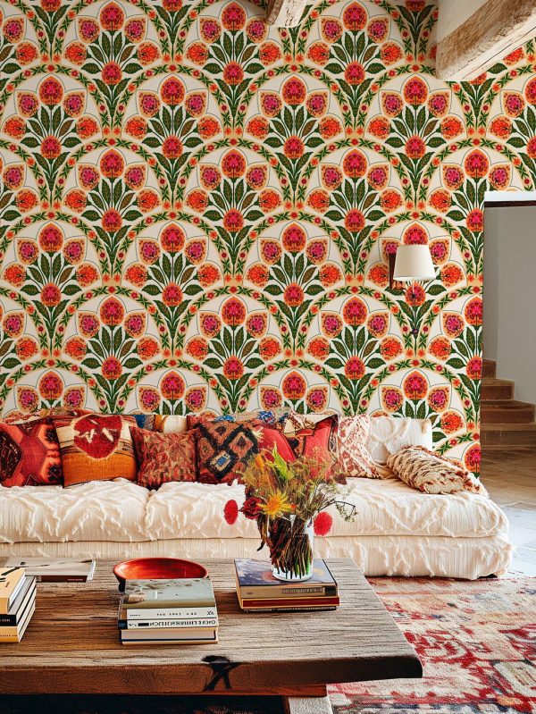 Retro Scalloped Floral Peel And Stick Wallpaper, Waterproof Renovated Plant Wall Sticker, Removable Beautiful Mural, Home Decor, Wall Art, Wall Decor, 17.7 Inches*9.8 Feet Multicolor